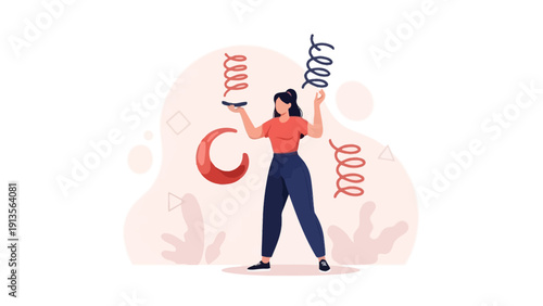 Woman Juggling Springs and Crescent Moon, Symbolizing Balance and Multitasking
