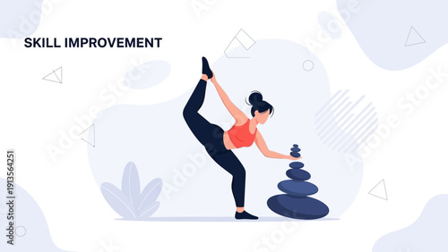 Woman practicing yoga, balancing stacked stones, concept of skill improvement and zen