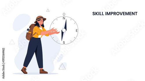 Woman with Backpack and Compass Navigates Towards Skill Improvement