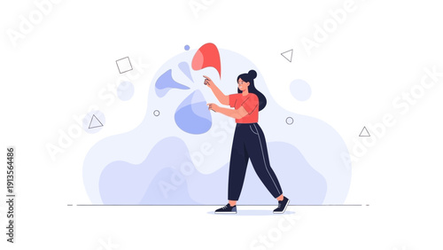 Woman with flowing shapes, abstract colorful elements, creative process concept