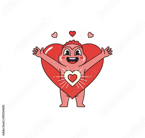 Cartoon figure heart shape embrace love concept isolated black background