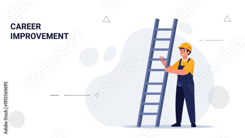 Worker Climbing Ladder for Career Improvement and Professional Growth