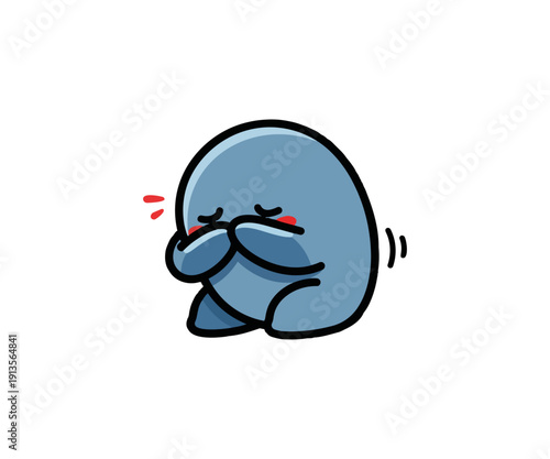 Embarrassed cartoon character with blushing cheeks and hands covering face