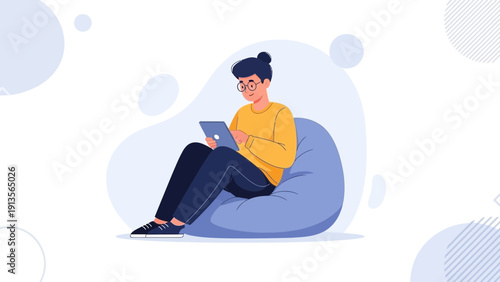 Young man using tablet while sitting on bean bag chair, modern illustration
