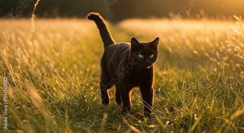 A black cat walking through a field of tall grass during sunset