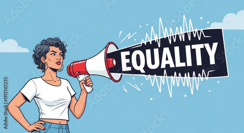 Woman holding megaphone with equality sign promoting social justice and human rights activism