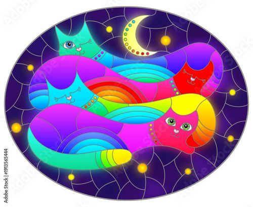 Illustration in the style of a stained glass window with bright cats on the background of the night sky with the moon and stars