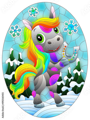 Illustration in the style of a stained glass window with a cute horse on the background of a winter landscape