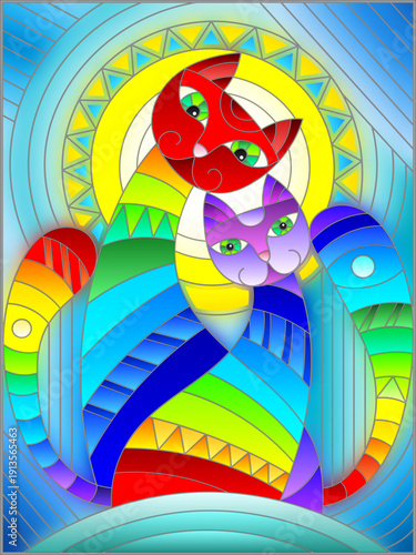 Illustration in stained glass style with a pair of abstract geometric rainbow cats on a blue background with sun 