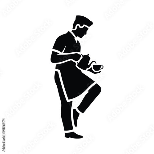 Professional waiter silhouette pouring coffee into cup wearing apron and uniform in minimal style
