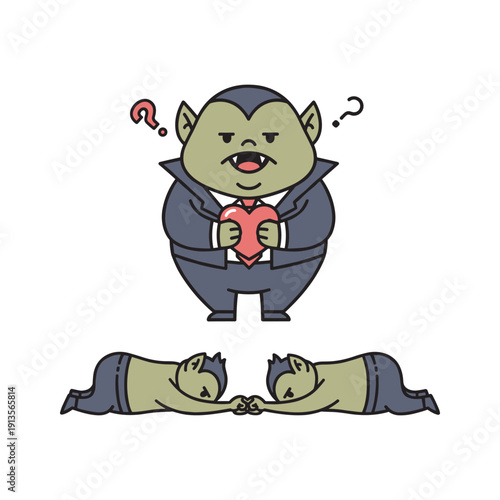 Cartoon vampire boss puzzled by sleeping employees in a humorous office scene