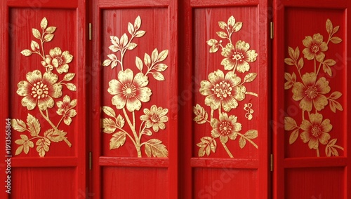 Detailed close up of ornate gold floral motifs on red wood paneling ornament