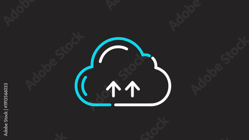 Cloud upload icon with neon blue and white outline.
