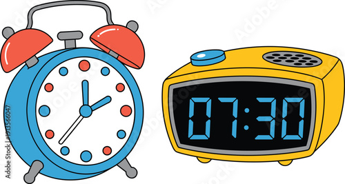 Analog alarm clock with bells, digital clock with display, timekeeping device graphic, technology evolution illustration, , cad drawing flat vector illustration