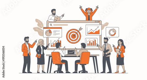 Business team collaborating on a successful project with data analysis.