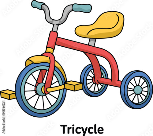 Colorful tricycle with red frame, yellow seat and pedals, blue handlebars, educational cartoon illustration, cad drawing flat vector illustration