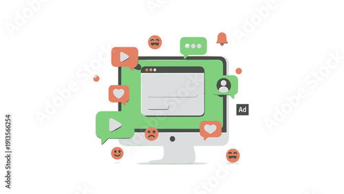 Computer screen displaying social media engagement icons and notifications.