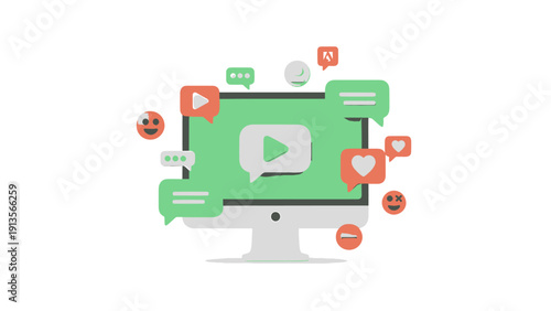 Computer screen displaying video player with social media icons and chat bubbles.
