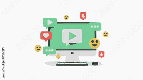 Computer screen displaying video content with social media icons and emojis.