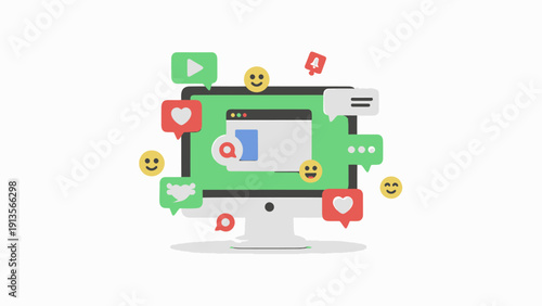 Computer screen with social media icons and emojis floating around.