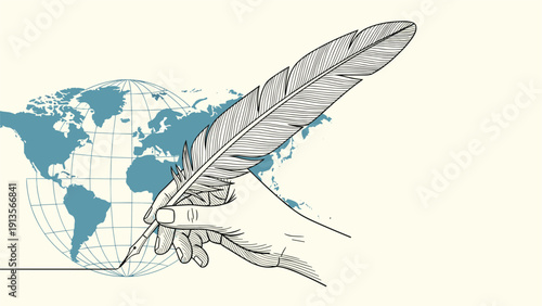Artistic illustration of a hand holding a feather quill pen writing over a globe representing global communication and historical literature.
