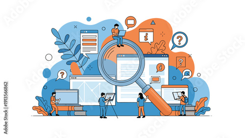 Team of people using a giant magnifying glass to conduct deep research and data analysis on various website windows and documents.