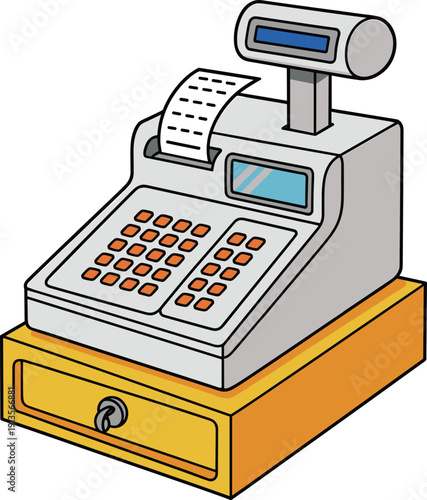 Cartoon cash register with keypad, receipt and display screen, retail point of sale device graphic, transaction processing illustration, cad drawing flat vector illustration