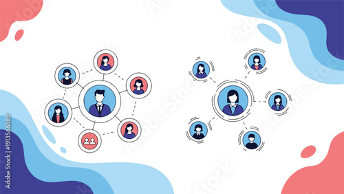 Comparison of two social networking diagrams showing connectivity between diverse user profile icons on a colorful background.