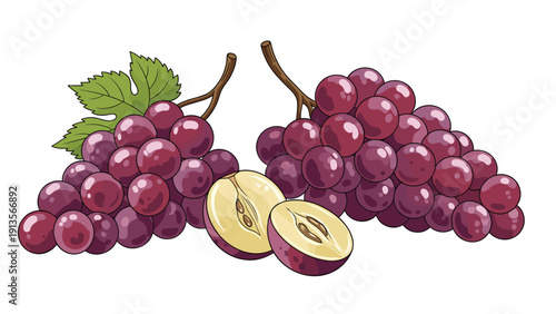 Fresh clusters of juicy red grapes with green leaves and a detailed cross section showing seeds on a clean white background.