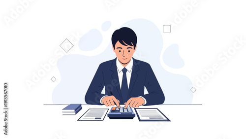Accountant Calculating Finances at Desk with Calculator and Documents