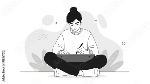 Creative Woman Drawing on Tablet, Digital Art, Freelancer Working