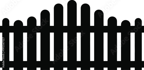 A black silhouette of a picket fence with pointed pickets on a white background
