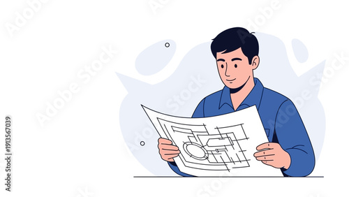 Architect reviewing blueprint for construction project planning