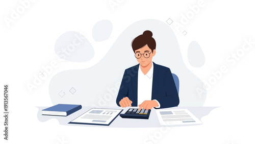 Accountant working at desk with calculator, documents, and planner