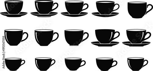 Set of black coffee cup silhouettes, tea mug icons, porcelain saucer collection, cafe drink symbols, kitchenware elements, and breakfast beverage silhouettes.