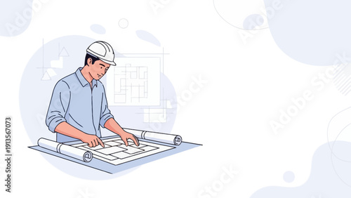 Architect reviewing blueprint plans, construction project, civil engineering, man in hard hat