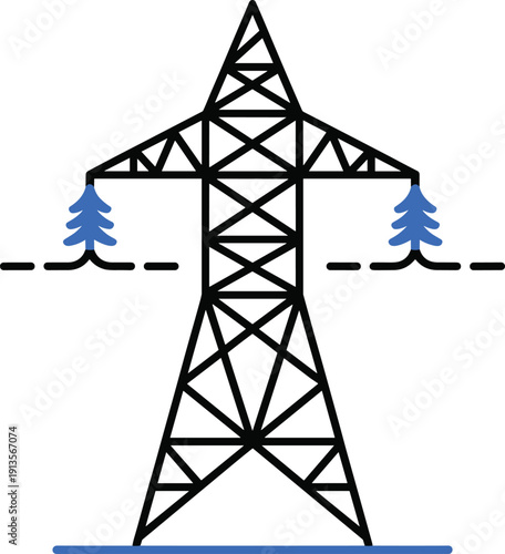 High voltage transmission tower icon, power pylon lattice structure, electrical insulator symbol, energy infrastructure graphic, electricity supply illustration, cad drawing flat vector illustration