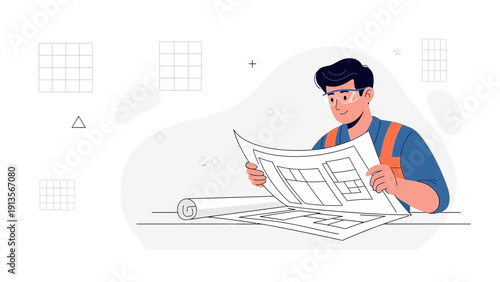 Architect reviewing blueprint plans