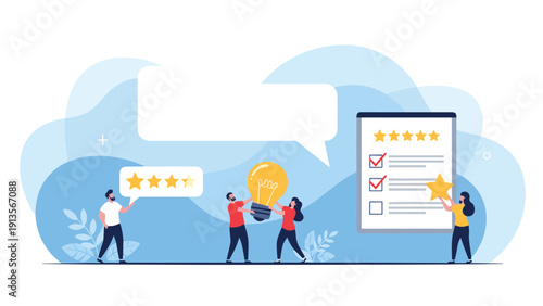 Team of people collaborating to provide five star ratings and feedback while holding a large lightbulb representing bright ideas.