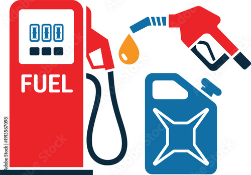 Fuel pump with nozzle icon, fuel droplet symbol, jerry can graphic, gas station equipment illustration, energy supply design concept, cad drawing flat vector illustration