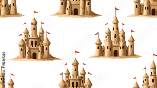 Detailed illustration of sandcastles with red flags arranged in a repeating seamless pattern on a plain white background for summer themes.