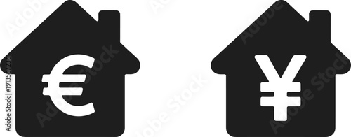 House icon with euro symbol, home icon with yen currency, real estate investment graphic, international property market illustration, cad drawing flat vector illustration