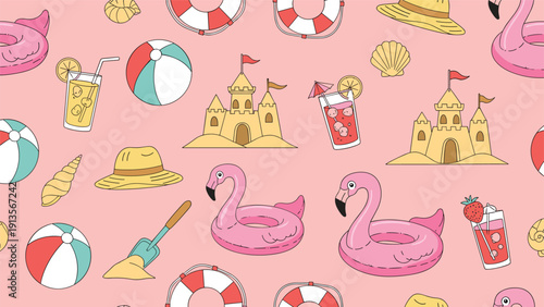 Vibrant summer beach holiday pattern featuring flamingo floats, cocktails, beach balls, and sun hats scattered over a soft pink background.