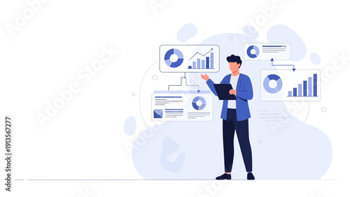 Businessman analyzing data charts and graphs, business strategy illustration