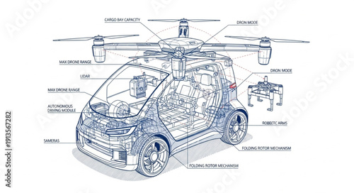 Futuristic flying car concept sketch with technical details.
