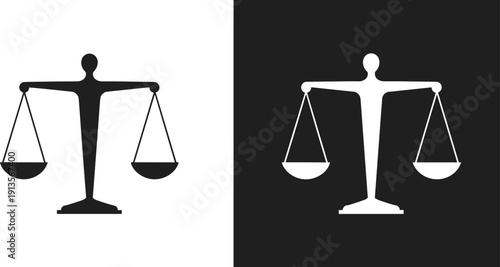 Scales of justice symbol, fairness balance icon, law ethics graphic, impartiality illustration, duality design concept, legal equality representation, cad drawing flat vector illustration