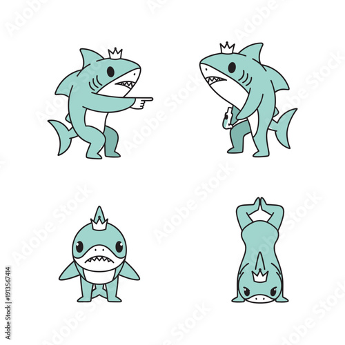 Cartoon shark characters with crown in various poses on white background