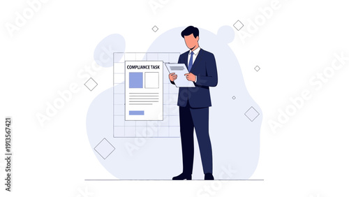 Businessman reviewing compliance document, corporate strategy, legal paperwork, business analysis