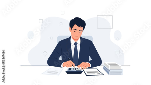 Businessman working at desk with calculator and documents, accounting concept