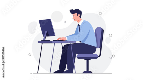 Businessman working on computer at desk, modern office illustration